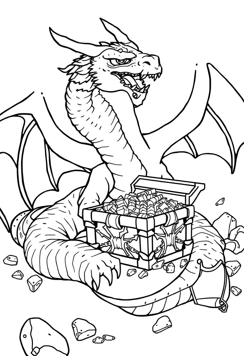 Dragon Treasure Hoard coloring page, free printable