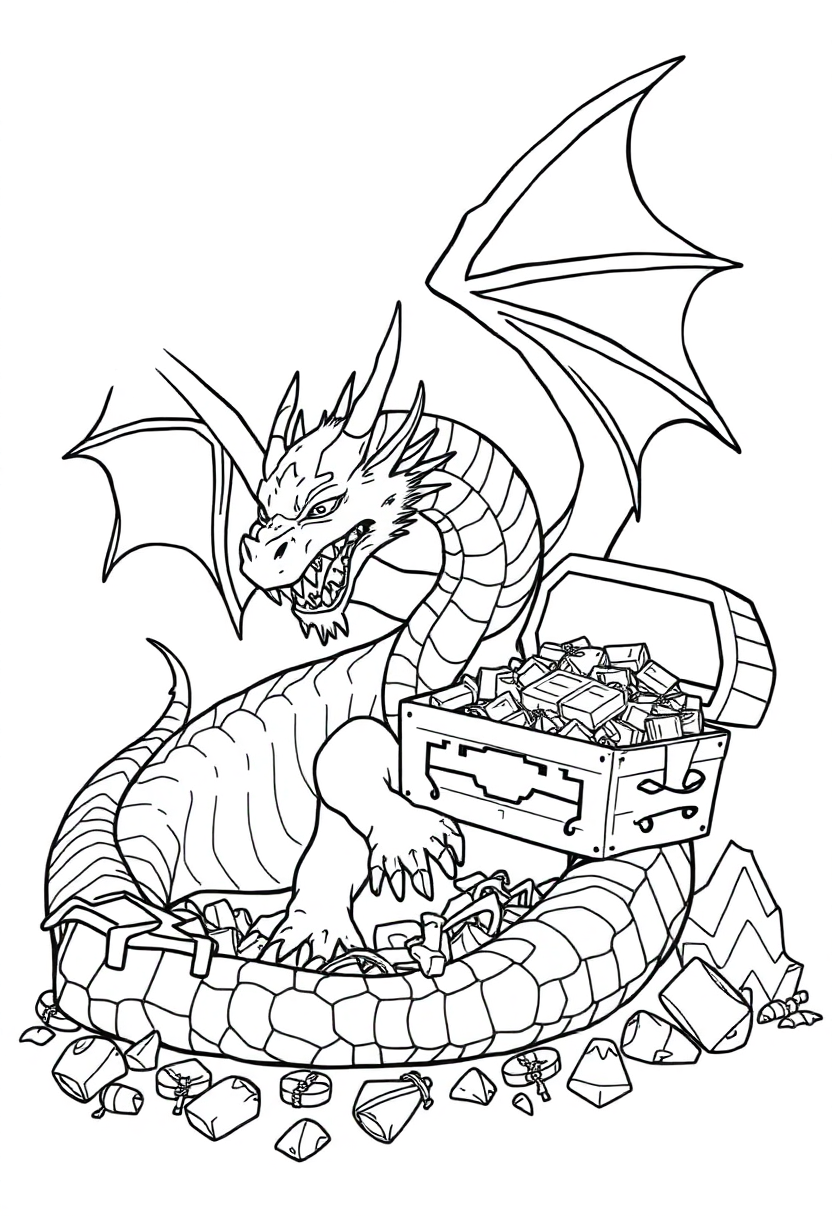 Dragon Treasure Hoard coloring page, free printable