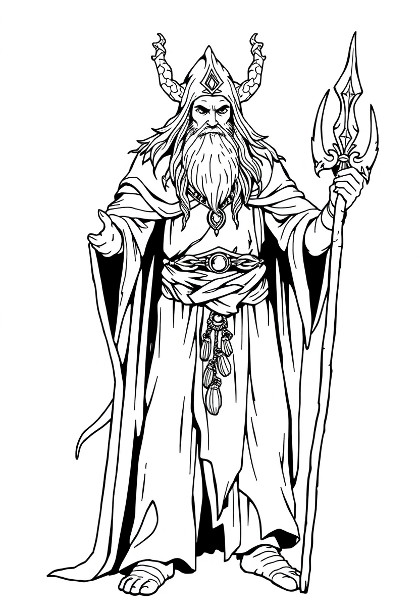 Detailed druid coloring page showing a robed figure with staff among trees and magical symbols with bold black outlines