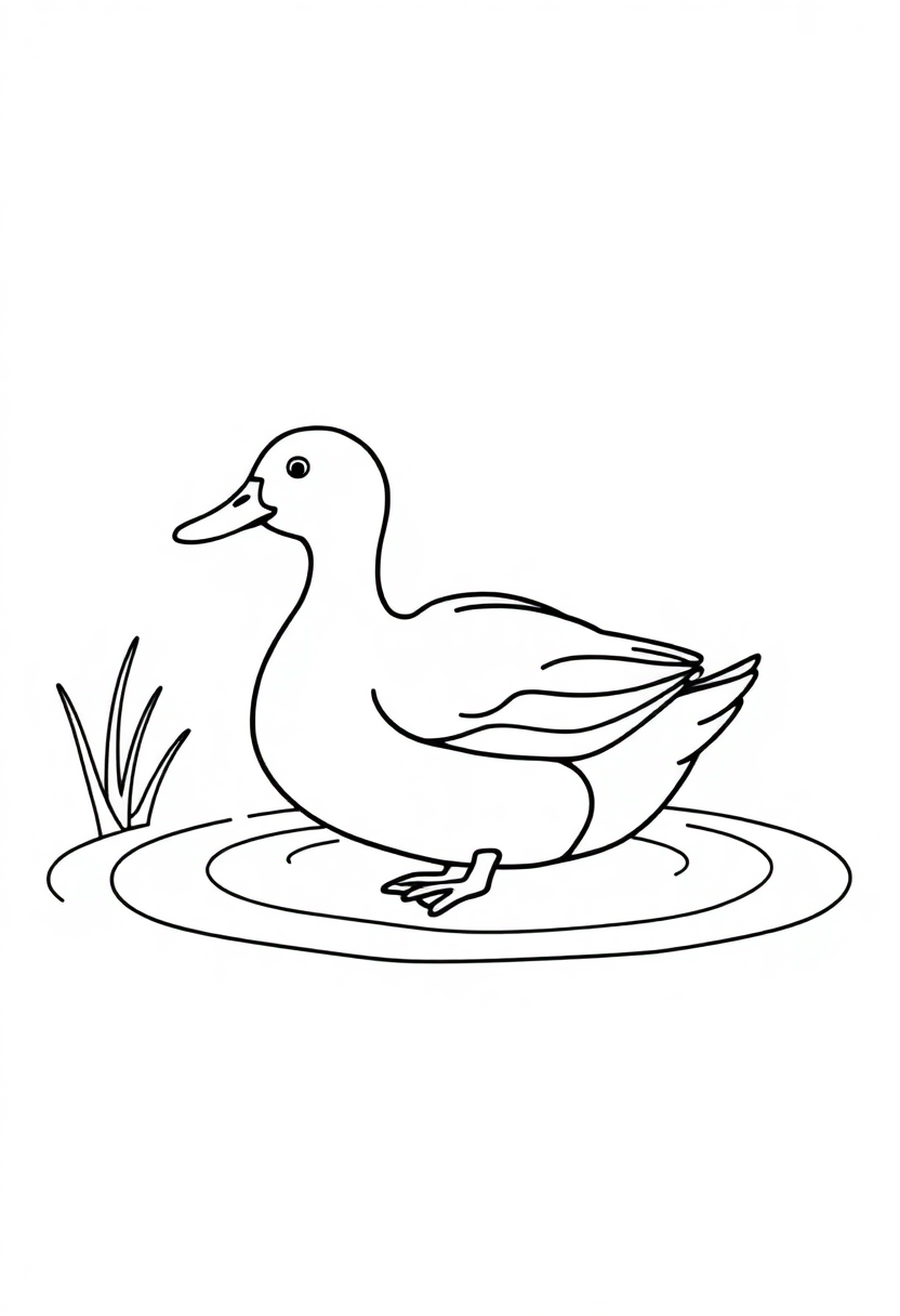 Duck on pond coloring page showing a simple duck swimming on water with bold outlines for easy coloring