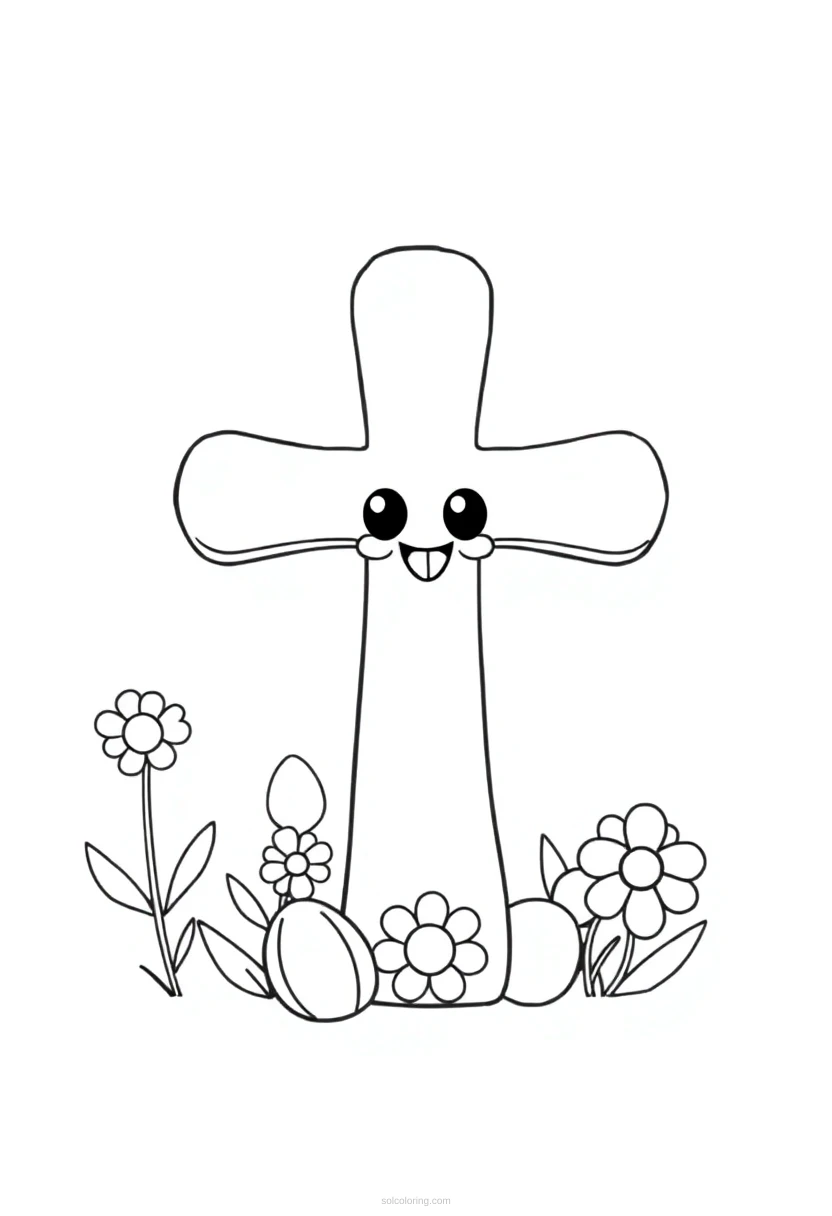 Easter Cross and Flowers coloring page for kids