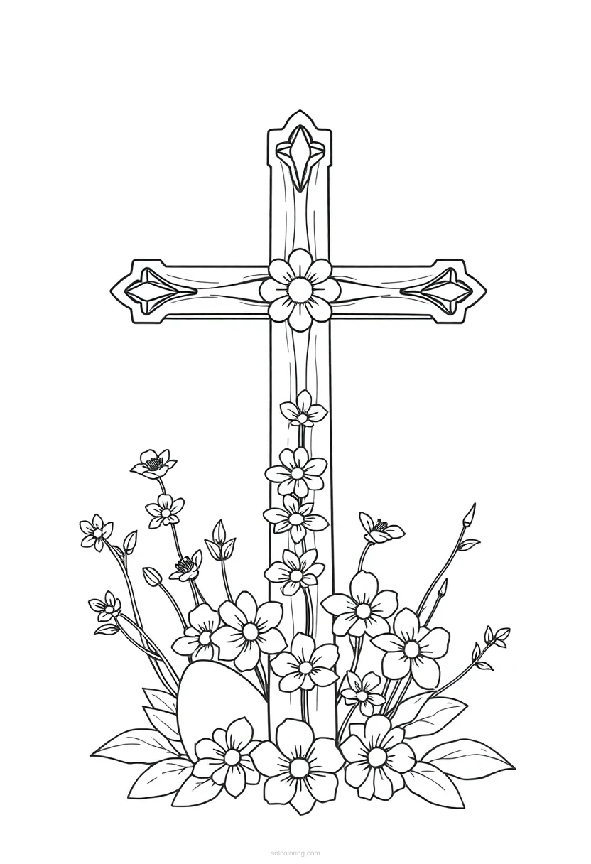 Easter Cross and Flowers coloring page for kids