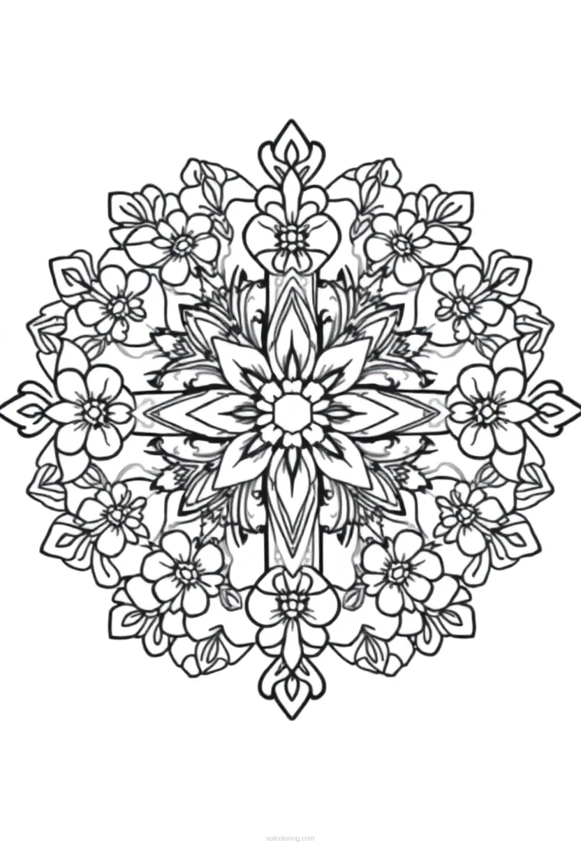 Easter Cross and Flowers coloring page for kids