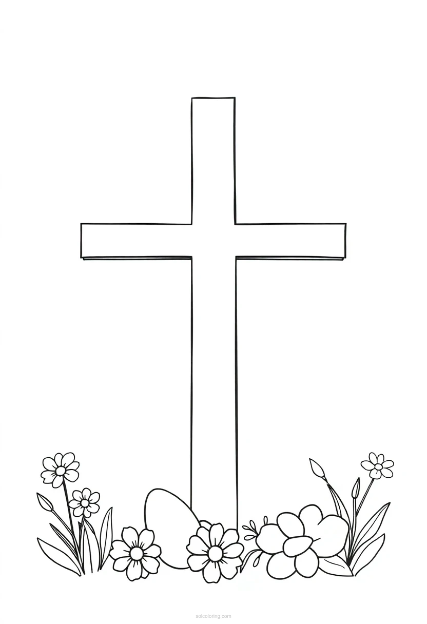 Easter Cross and Flowers coloring page for kids