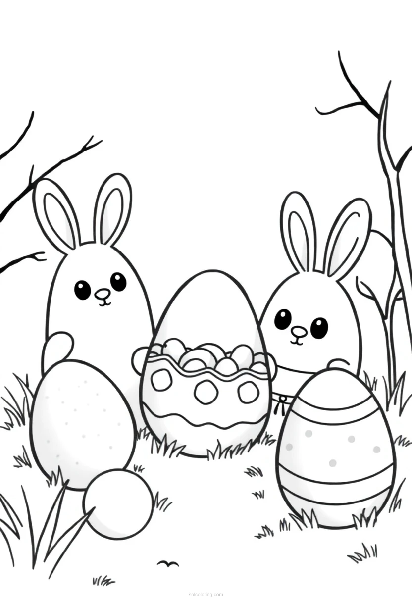 Easter Egg Hunt Scene coloring page for kids