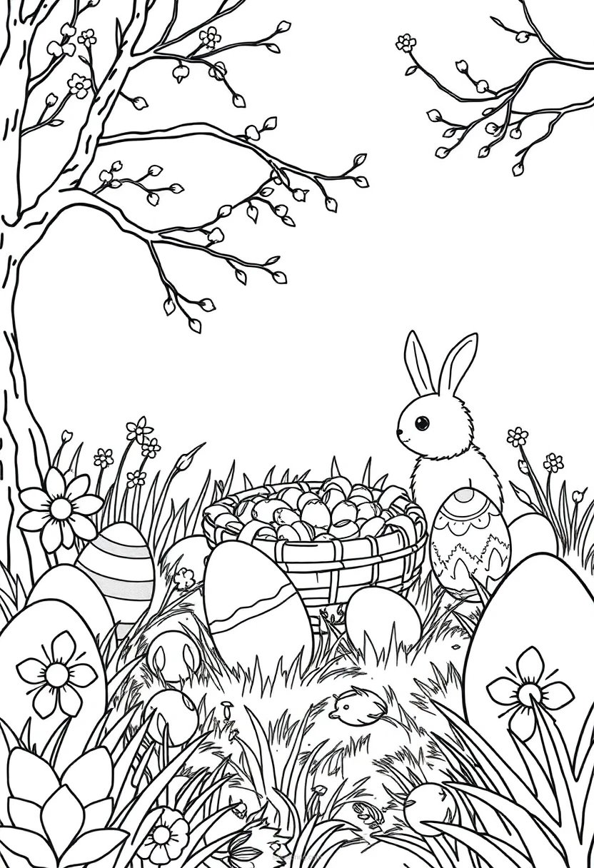 Easter Egg Hunt Scene coloring page for kids