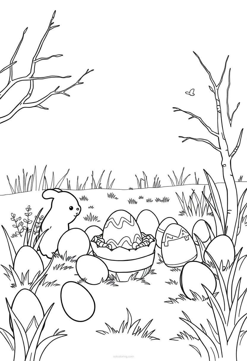 Easter Egg Hunt Scene coloring page for kids