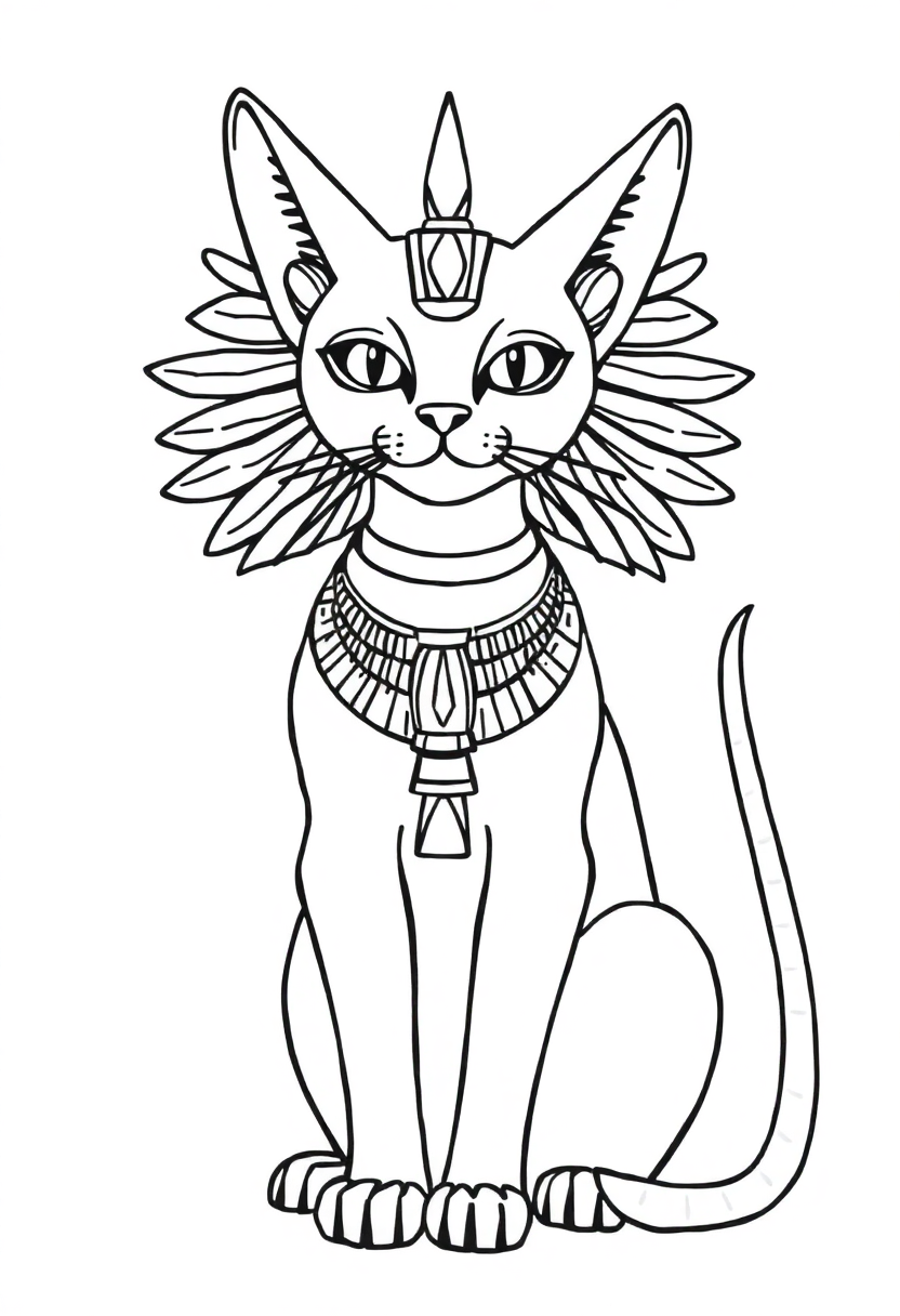 Egyptian Cat Goddess Bastet coloring page showing chibi-style goddess with cat ears, Egyptian headdress and jewelry