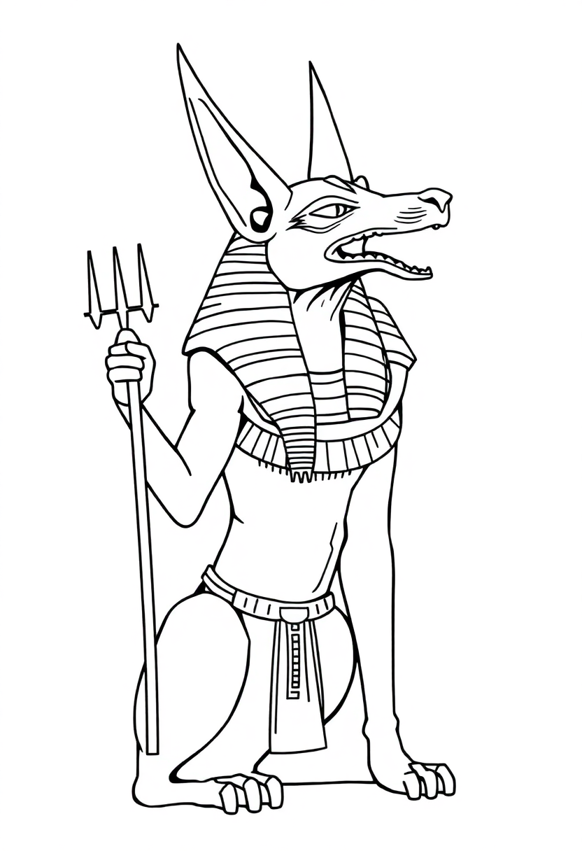 Egyptian God Anubis coloring page showing jackal-headed deity with headdress and ancient Egyptian symbols, bold outlines