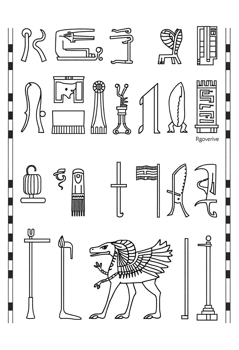 Detailed Egyptian hieroglyphics and symbols coloring page with ancient writing, ankh symbols, and decorative borders