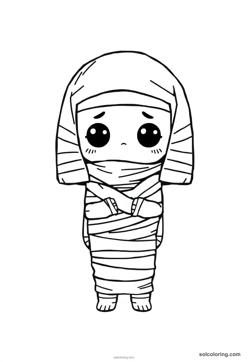 Chibi Egyptian Mummy Wrapped in Linen chibi coloring page for kids