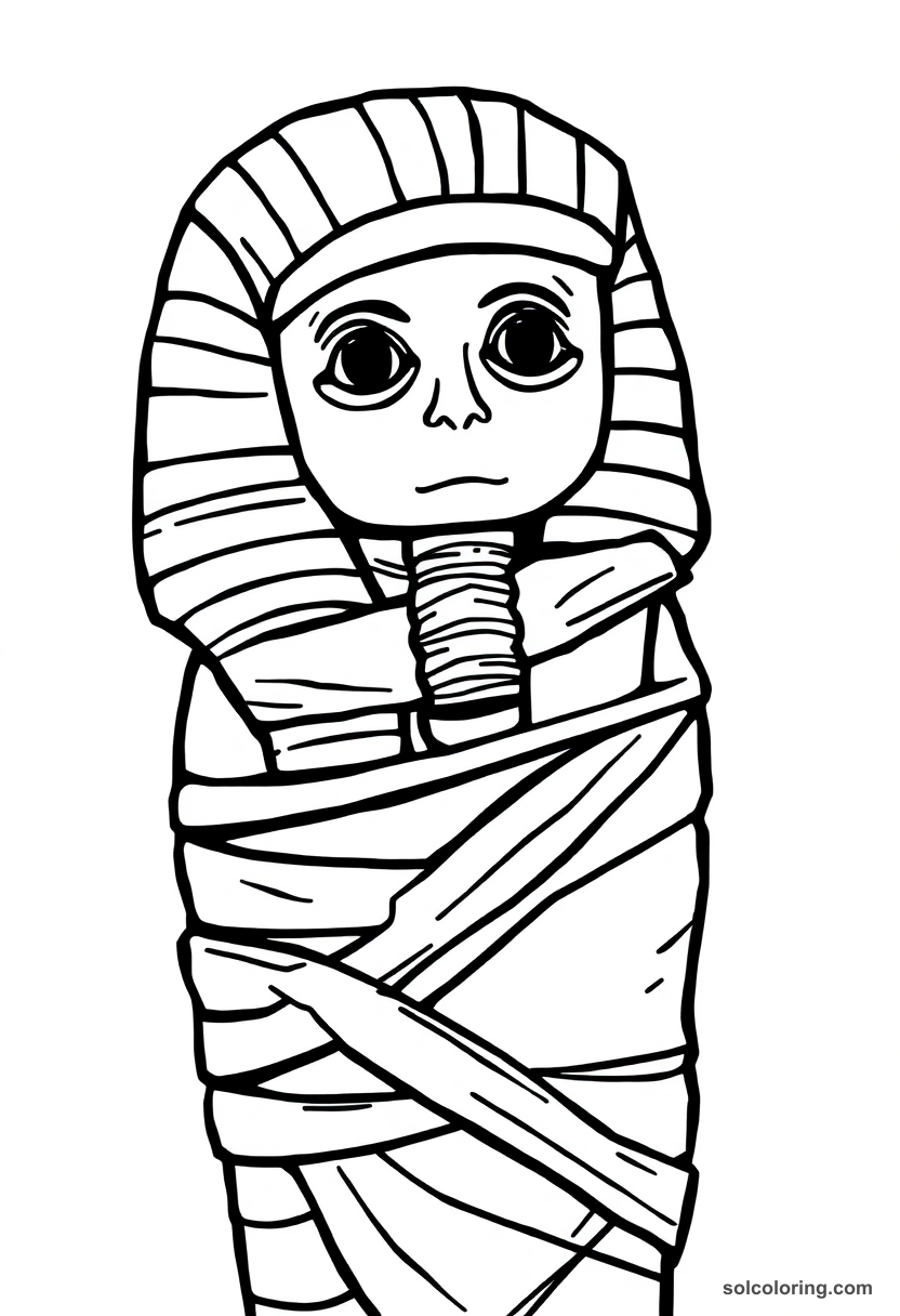 Simple Egyptian mummy coloring page with bold outlines showing wrapped linen bandages, perfect for kids to color