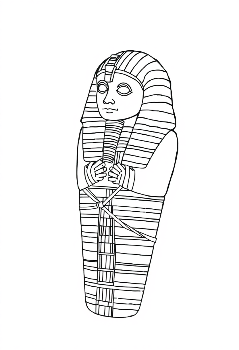 Egyptian mummy wrapping coloring page showing detailed bandage patterns and ancient Egyptian burial scene with bold outlines