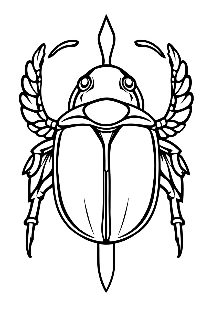 Egyptian scarab beetle symbol coloring page with cute cartoon design, bold black outlines on white background