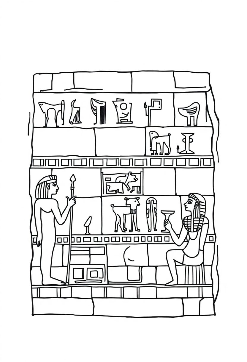 Egyptian tomb wall paintings coloring page showing hieroglyphs, ancient gods, and traditional Egyptian art with bold outlines
