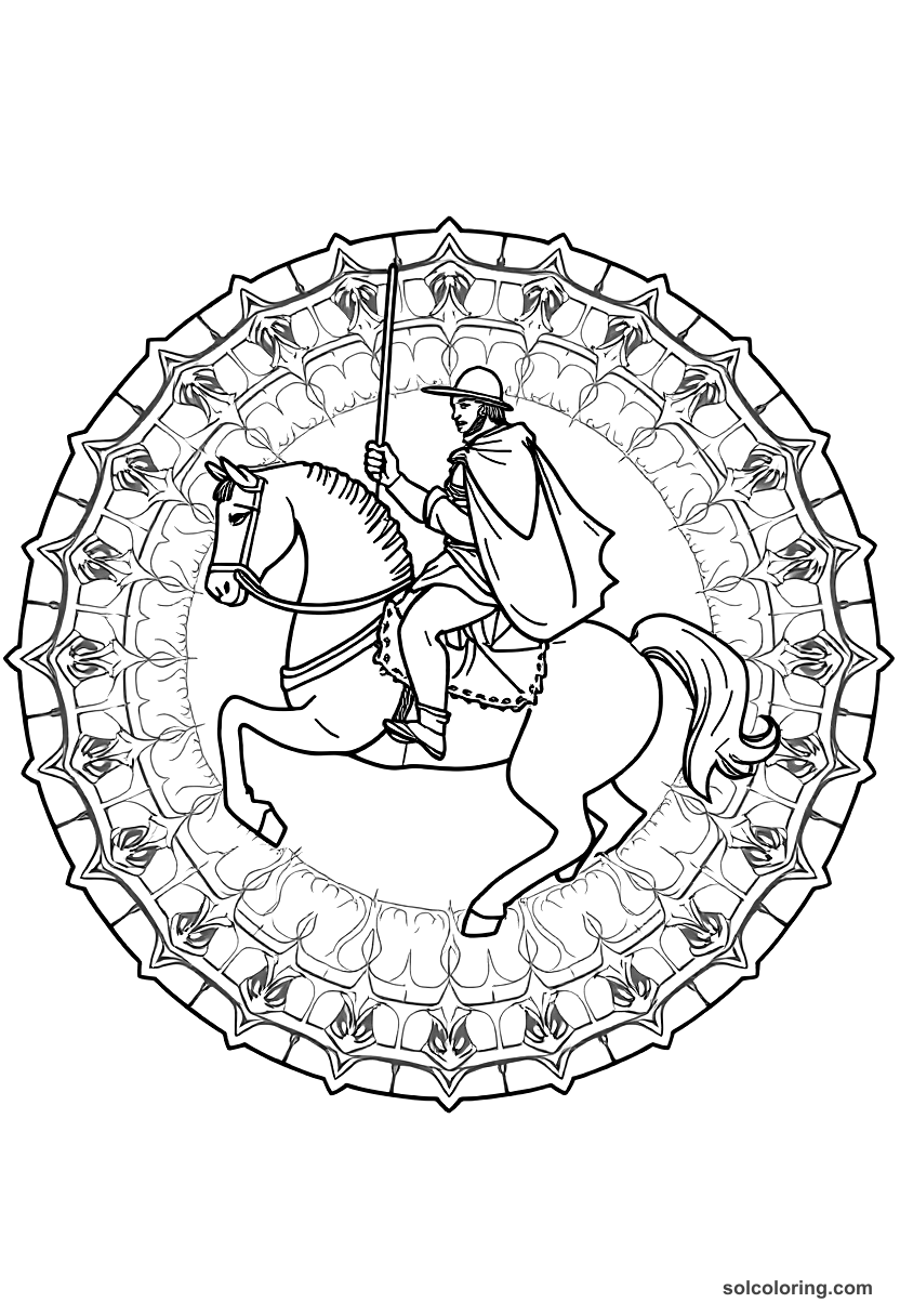 Mandala El Cid on Horseback coloring page, free printable mandala style