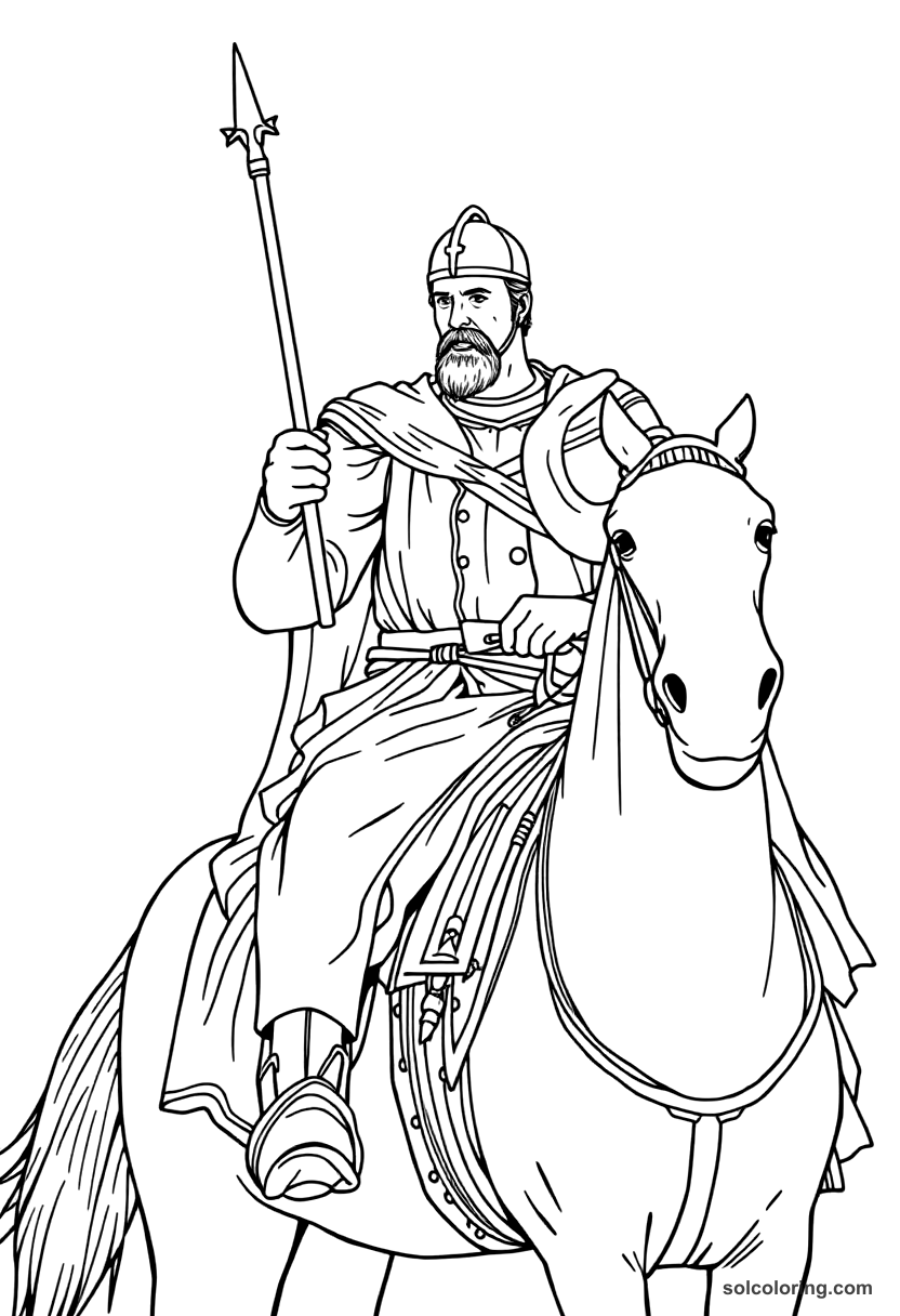El Cid on Horseback coloring page, free printable realistic style