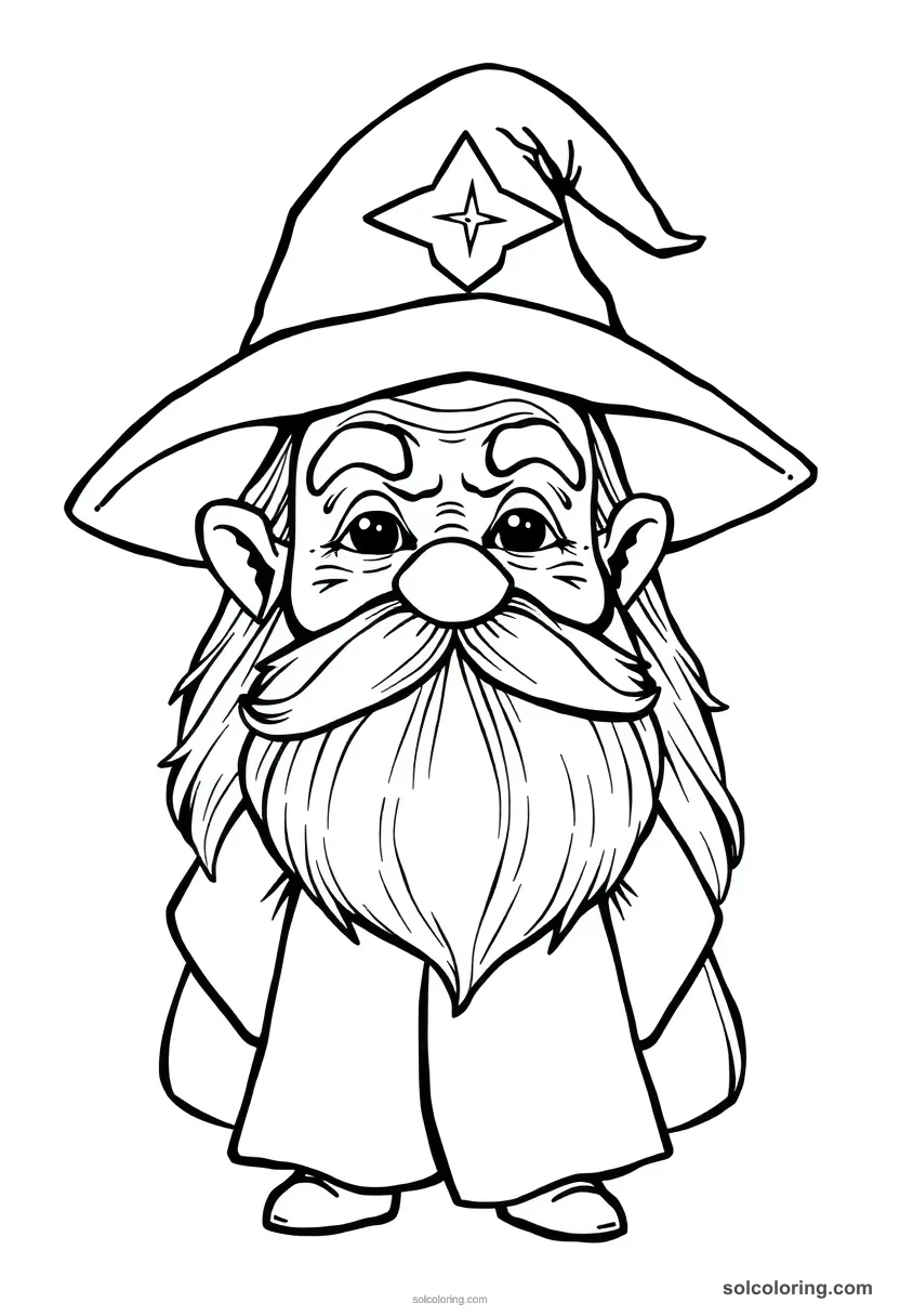 Chibi Elderly Wizard Headmaster with Silver Beard and Pointed Star-Covered Hat chibi coloring page for kids