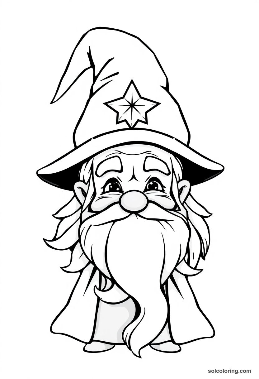 Cute Cartoon Elderly Wizard Headmaster with Silver Beard and Pointed Star-Covered Hat