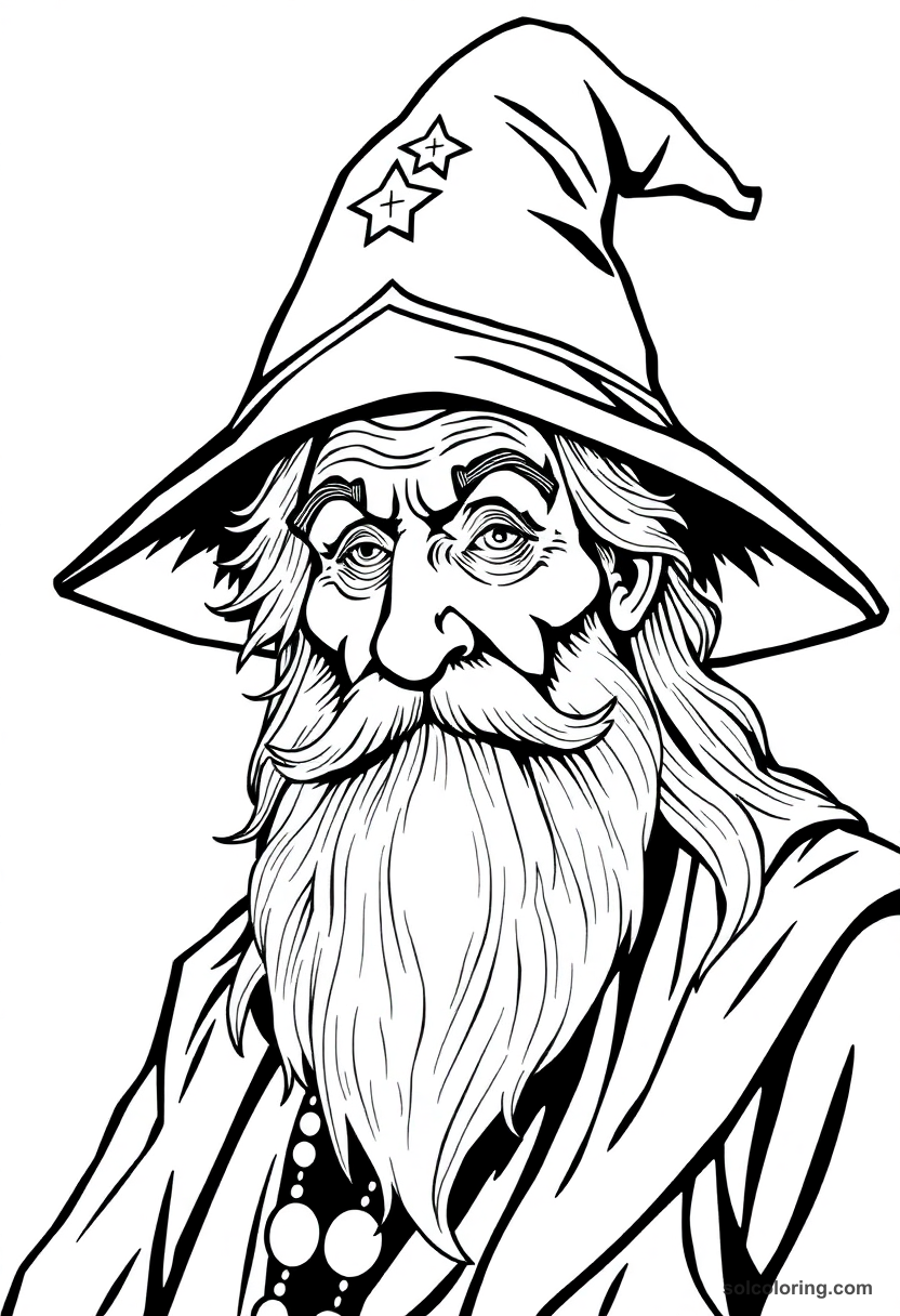 Elderly Wizard Headmaster with Silver Beard and Pointed Star-Covered Hat
