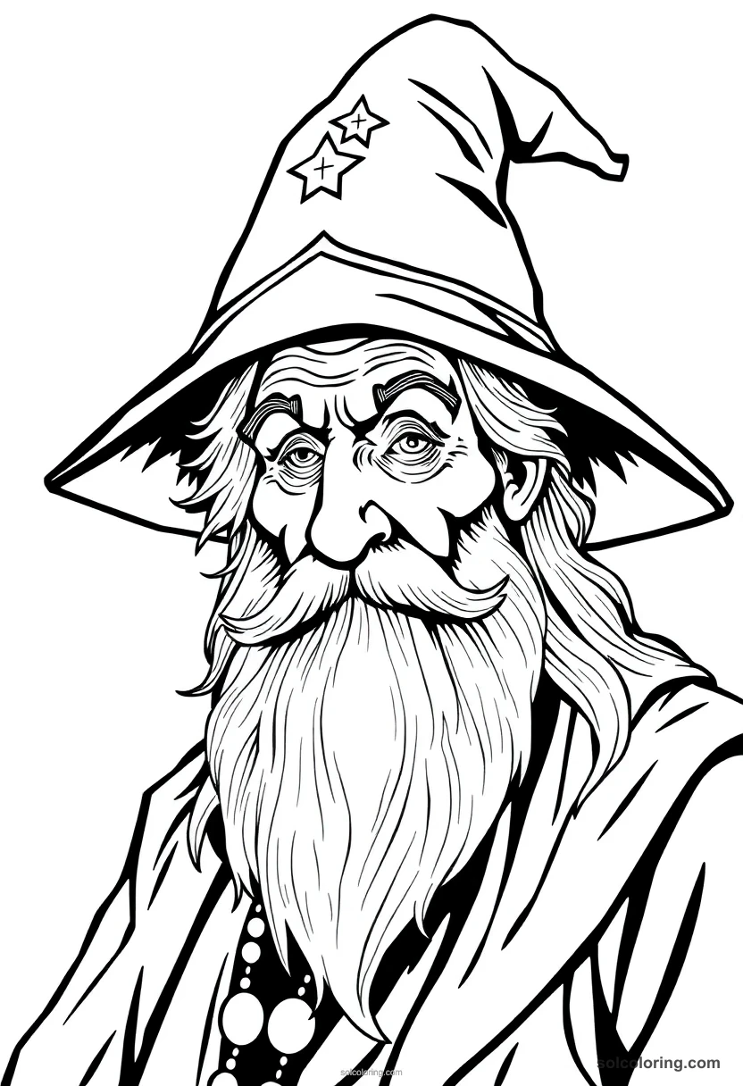 Elderly Wizard Headmaster with Silver Beard and Pointed Star-Covered Hat detailed coloring page for kids