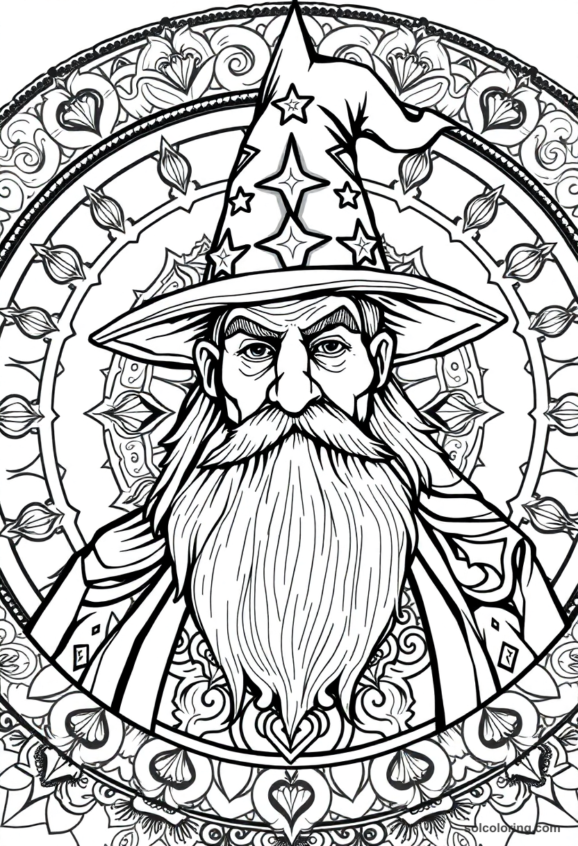Mandala Elderly Wizard Headmaster with Silver Beard and Pointed Star-Covered Hat