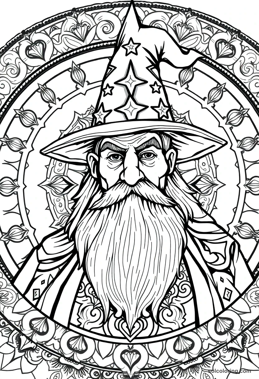 Mandala Elderly Wizard Headmaster with Silver Beard and Pointed Star-Covered Hat mandala coloring page for kids