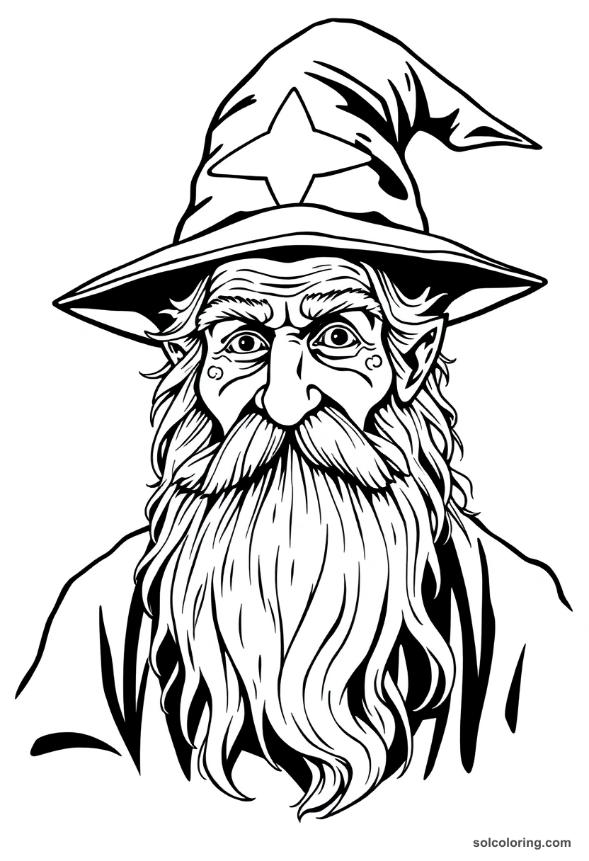 Elderly Wizard Headmaster with Silver Beard and Pointed Star-Covered Hat