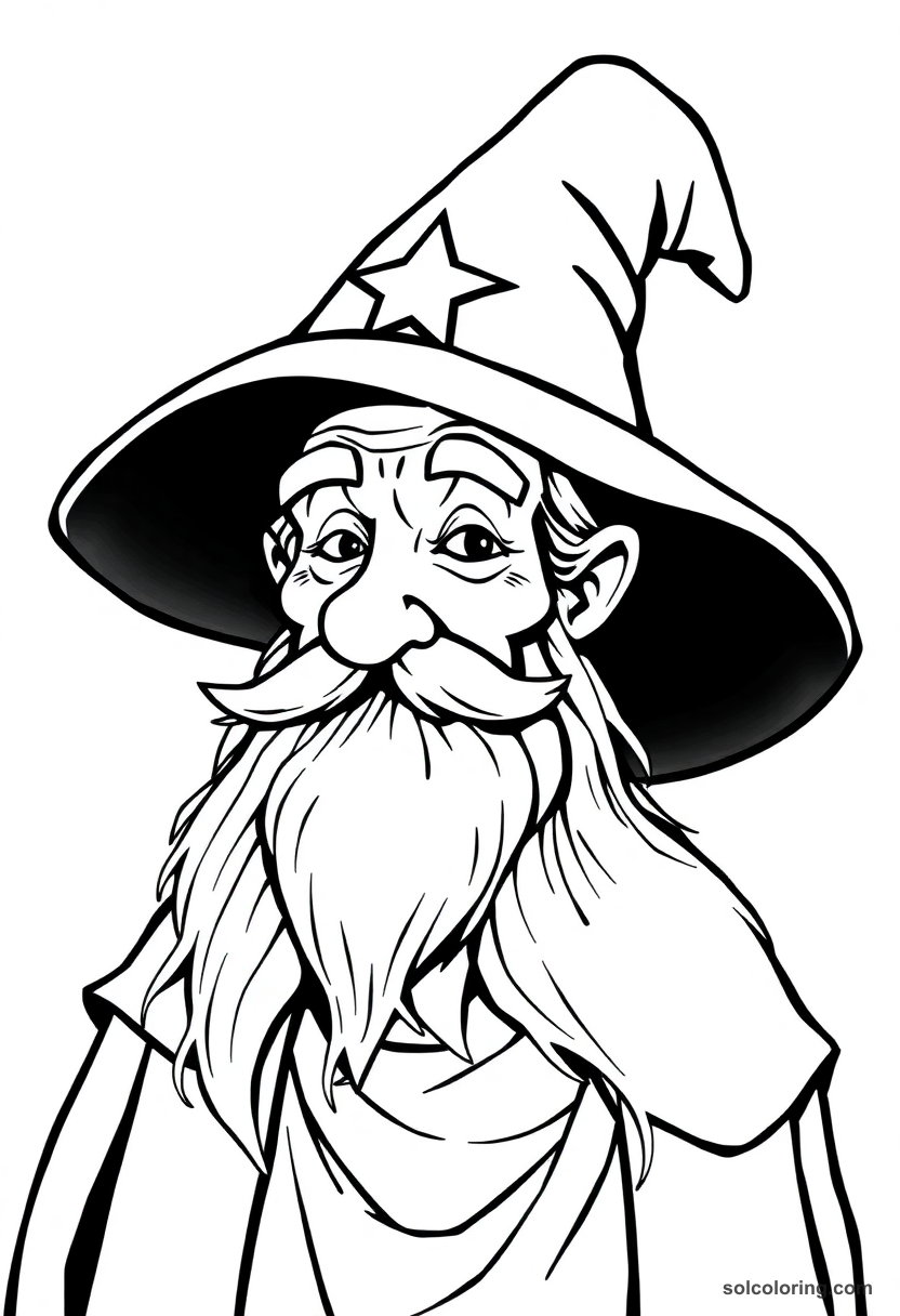 Simple Elderly Wizard Headmaster with Silver Beard and Pointed Star-Covered Hat