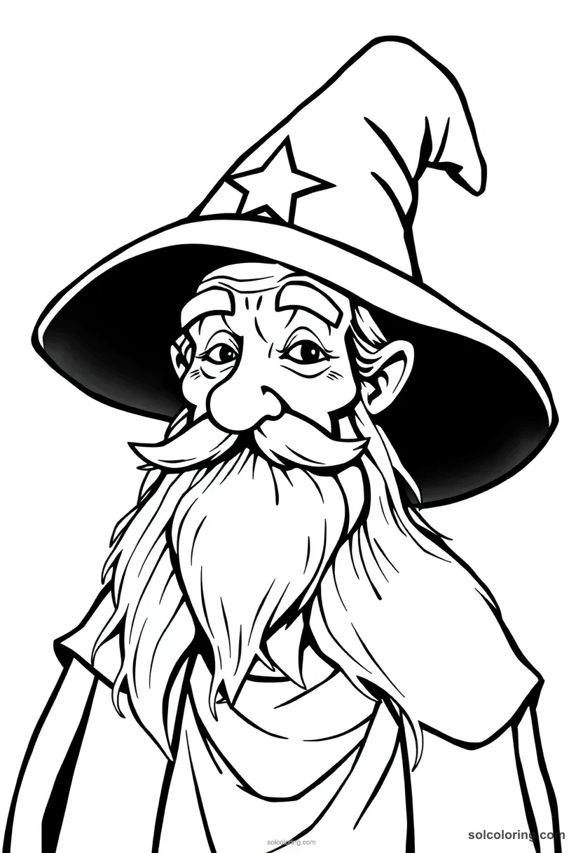 Simple Elderly Wizard Headmaster with Silver Beard and Pointed Star-Covered Hat simple coloring page for kids