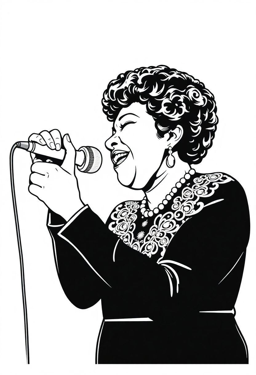 Chibi-style Ella Fitzgerald performing coloring page with bold outlines, showing the jazz singer with microphone in cute cartoon style