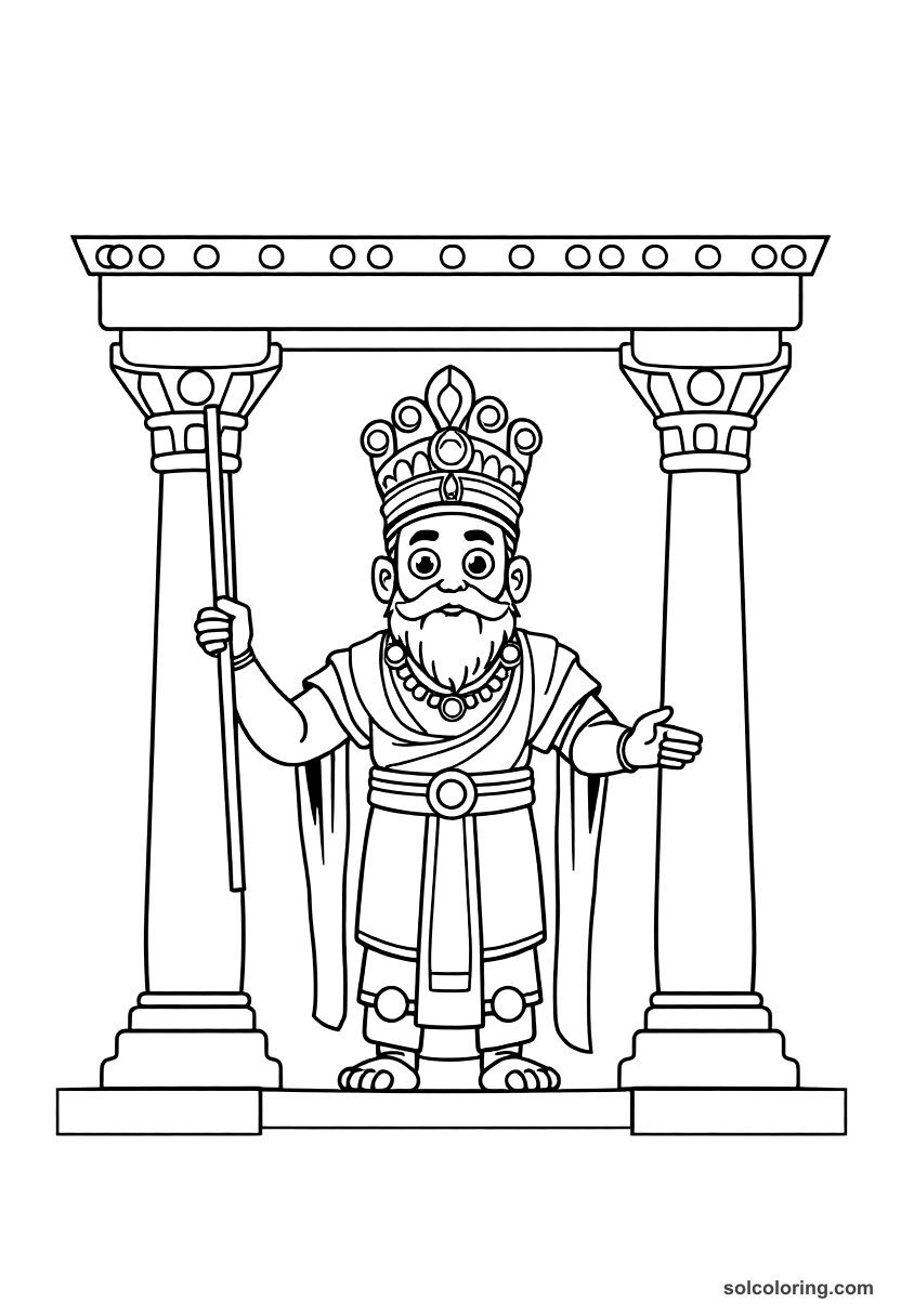 Cute Cartoon Emperor Ashoka Erecting His Pillars coloring page, free printable cute cartoon style