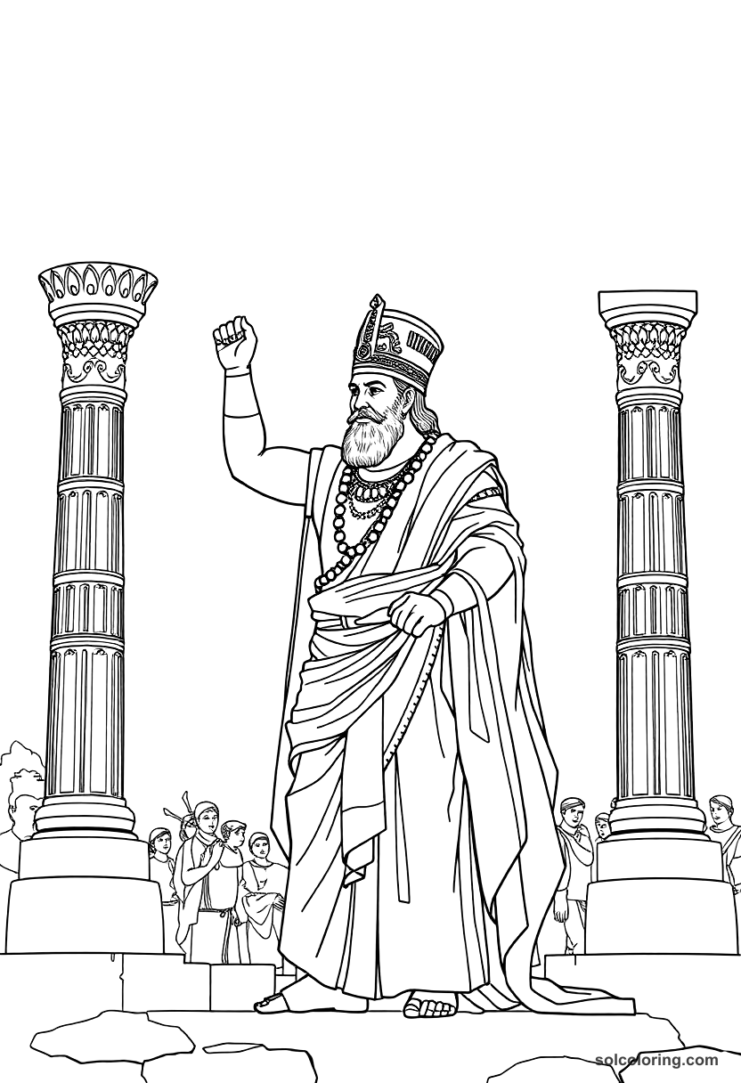 Emperor Ashoka Erecting His Pillars coloring page, free printable detailed style