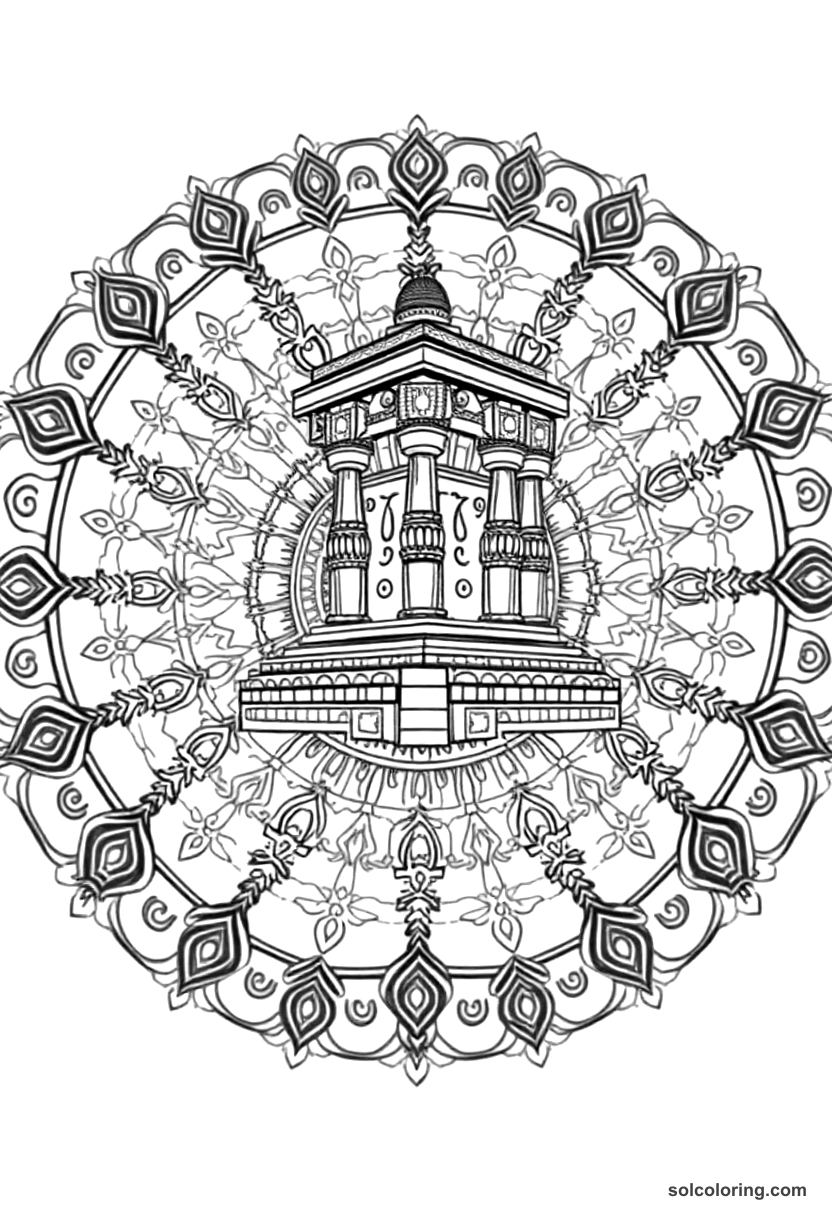 Mandala Emperor Ashoka Erecting His Pillars coloring page, free printable mandala style