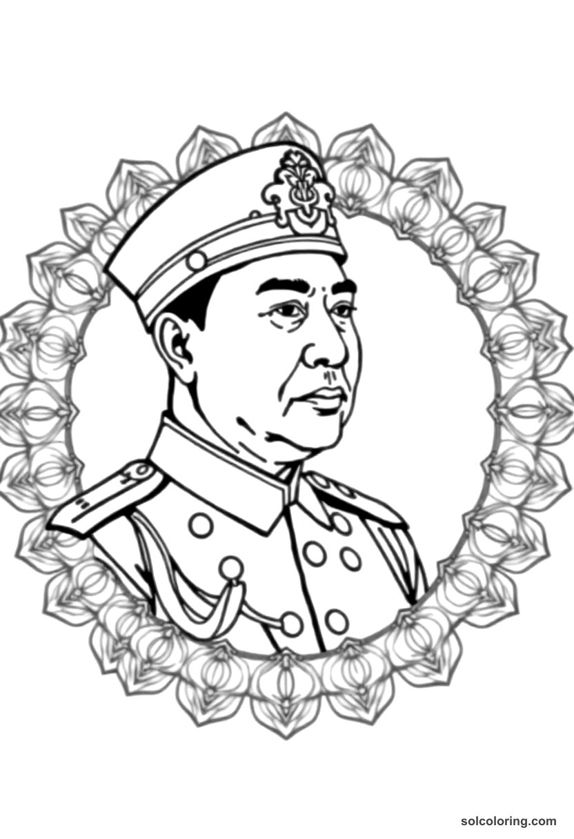 Mandala Emperor Hirohito in Military Uniform coloring page, free printable mandala style