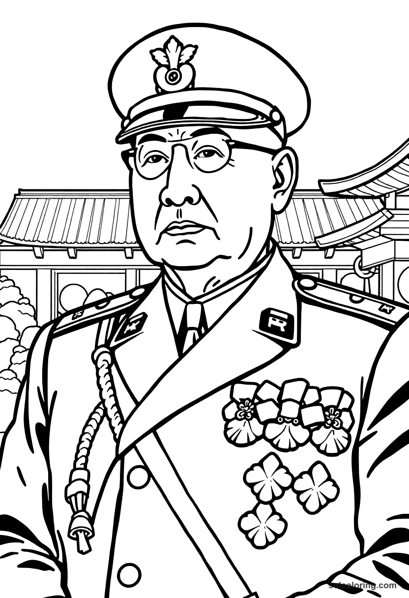 Emperor Hirohito coloring page showing Japanese emperor in formal military uniform with medals and ceremonial details