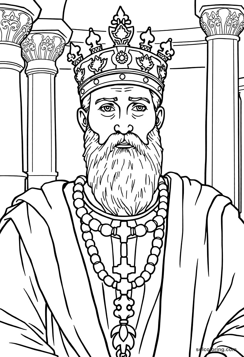 Emperor Justinian I in Byzantine Court coloring page, free printable detailed style
