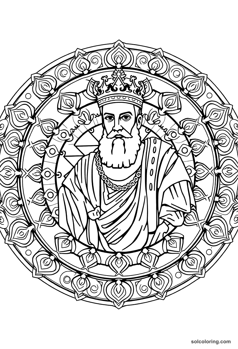 Mandala Emperor Justinian I in Byzantine Court coloring page, free printable mandala style