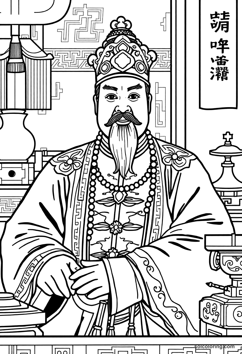 Emperor Kangxi of China at His Desk coloring page, free printable detailed style