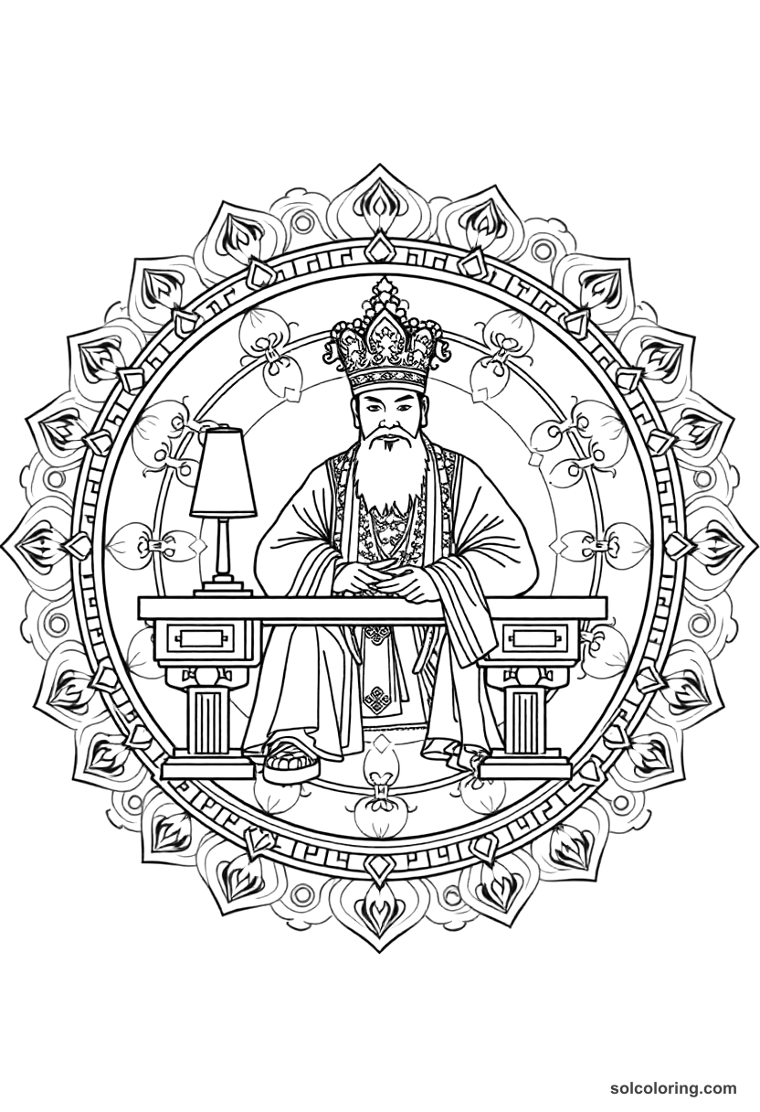 Mandala Emperor Kangxi of China at His Desk coloring page, free printable mandala style