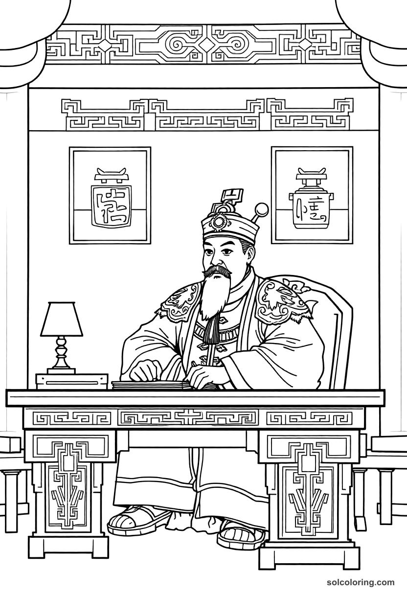 Simple Emperor Kangxi of China at His Desk coloring page, free printable simple style