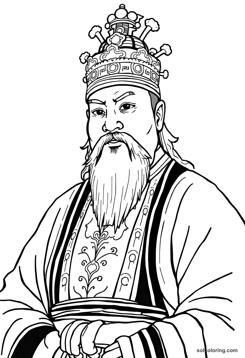 Emperor Qin Shi Huang Unifying China coloring page, free printable detailed style