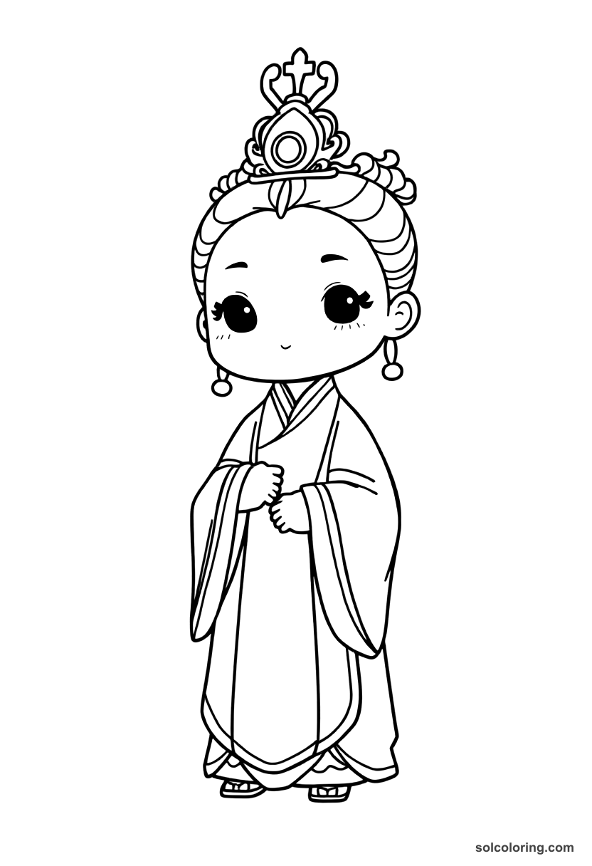 Chibi Empress Wu Zetian of Tang Dynasty coloring page, free printable chibi style for kids and adults