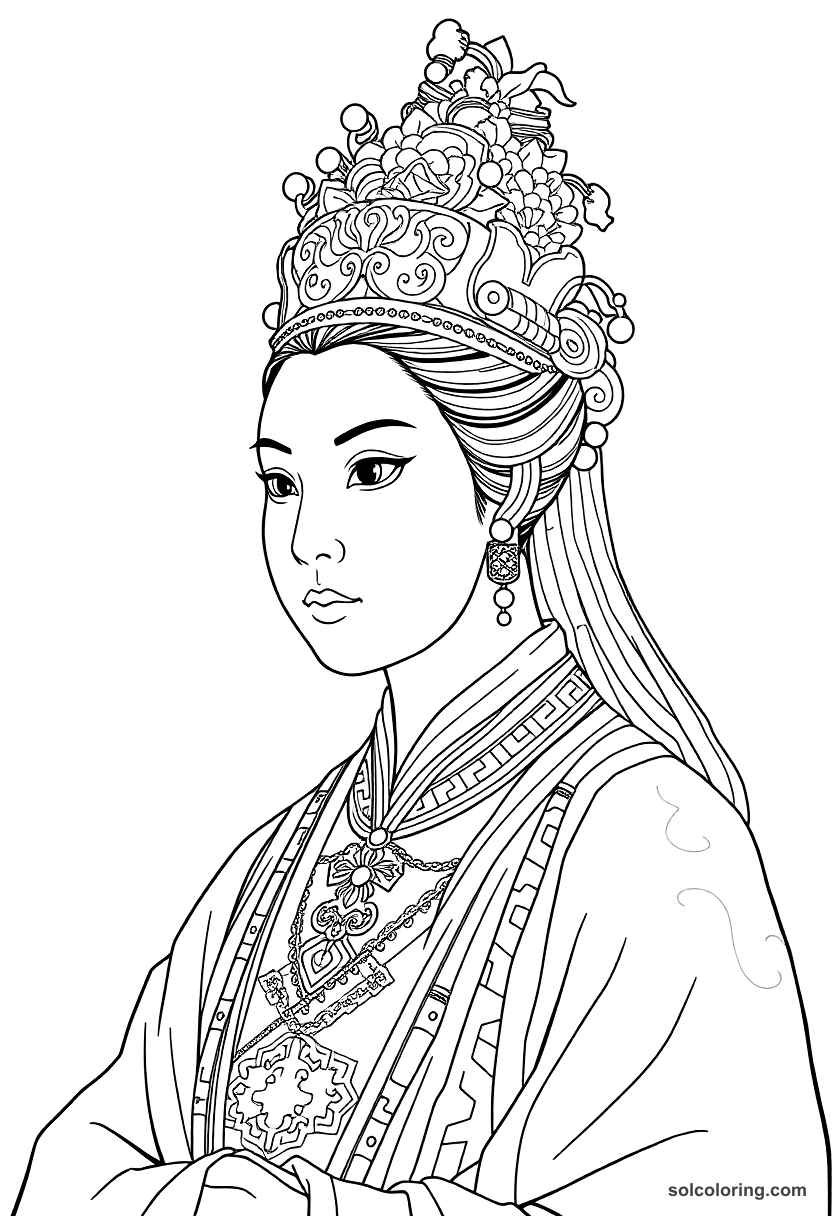 Empress Wu Zetian of Tang Dynasty coloring page, free printable detailed style