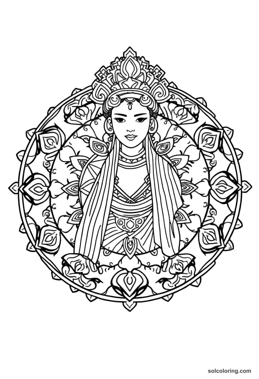 Mandala Empress Wu Zetian of Tang Dynasty coloring page, free printable mandala style