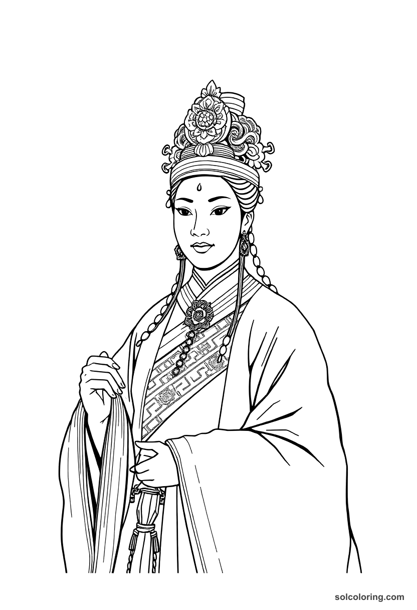 Empress Wu Zetian of Tang Dynasty coloring page, free printable realistic style