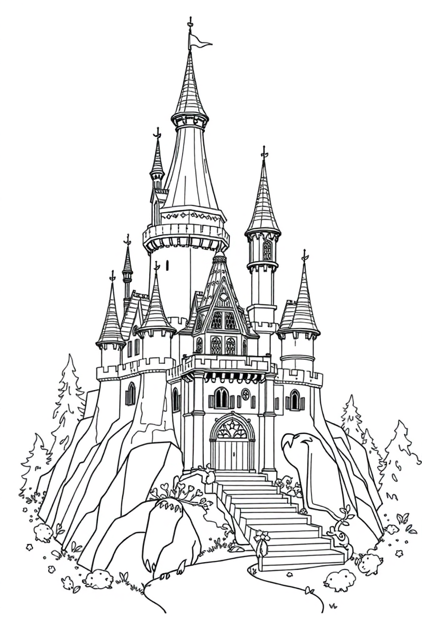 Enchanted castle coloring page featuring tall towers, magical windows, bold outlines, free printable fantasy design