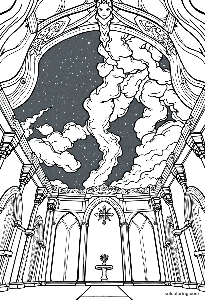 Chibi Enchanted Ceiling Showing a Stormy Night Sky Inside a Great Hall chibi coloring page for kids