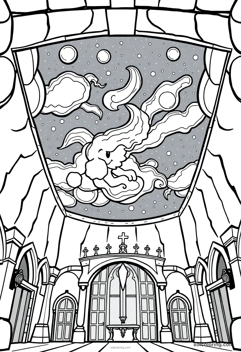 Cute Cartoon Enchanted Ceiling Showing a Stormy Night Sky Inside a Great Hall cute cartoon coloring page for kids