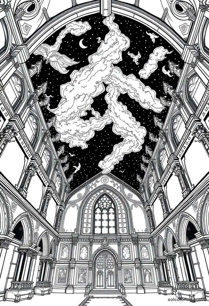 Enchanted Ceiling Showing a Stormy Night Sky Inside a Great Hall